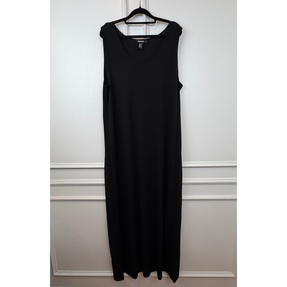 DKNY Black Sleeveless Scoop Neck Maxi Dress Size 2X 15L Rayon Blend Column Dress